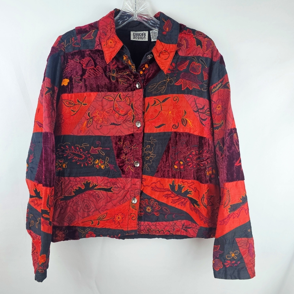 Vtg Chico's Design Patchwork Jacket Sz 2 Rayon Silk Velvet Art To Wear Elevated